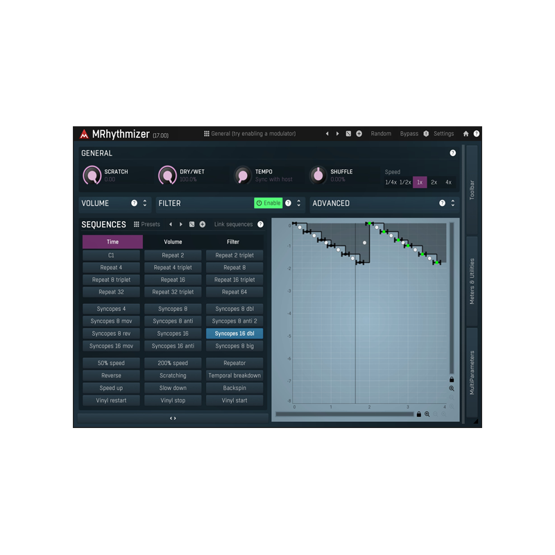 MeldaProduction / MRhythmizer【★統合されたシーケンサーを使用して”時間” “ボリューム” “フィルター” を制御するユニークな時間操作エフェクト！★】【★MeldaProduction 週替わりセール！セール期間:~2025年5月31日11:59まで！！★】